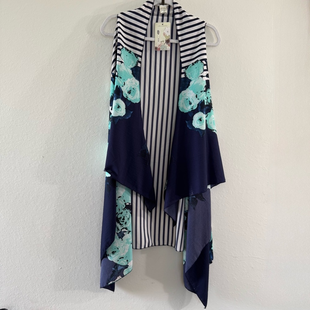 Life Is Beautiful Vest Cardigan Kimono Asymmetrical Open Front Floral Blue, S/M